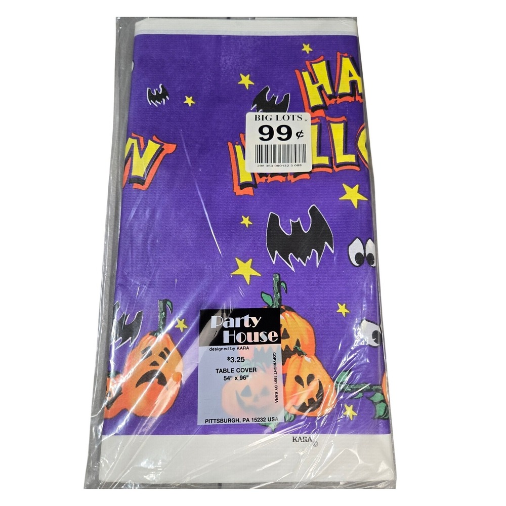 Vintage 90's NOS Halloween Table Cover 54x96 Purple Pumpkin Bat Decor Retro